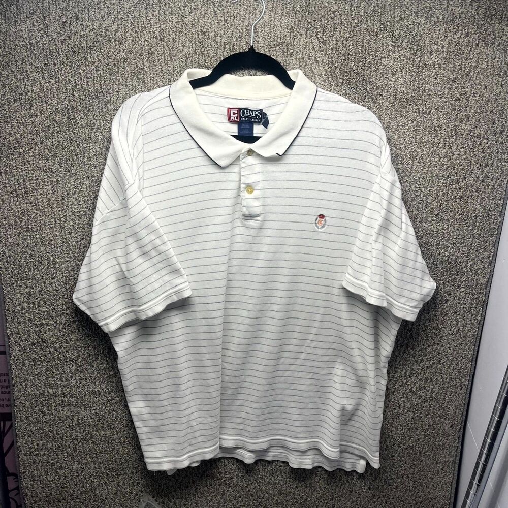 Vintage Chaps Ralph Lauren Polo Shirt Mens 2XL White Striped Logo Short‎ Sleeve